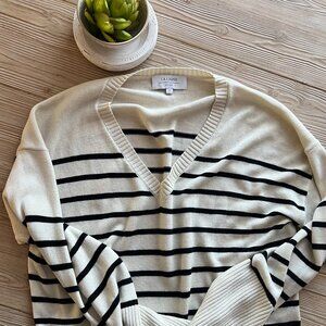 La Ligne Cashmere Silk Stripe Sweater – Black & Cream V-Neck, Size Large